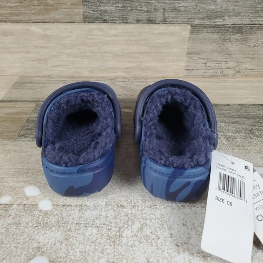 Berkley Jensen Kids Clogs Sz 6 Comfort Navy Camo Faux Fur‎ Round Toe Shoes